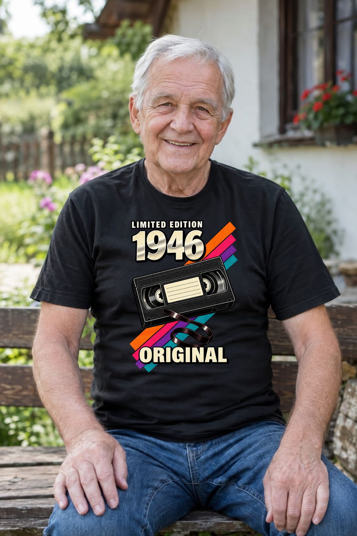 Koszulka męska czarna na 80 urodziny rocznik 1946 kaseta VHS prezent, zdjęcie 4