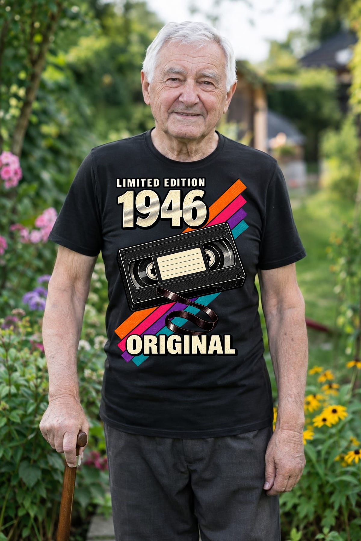 Koszulka męska czarna na 80 urodziny rocznik 1946 kaseta VHS prezent, zdjęcie 5