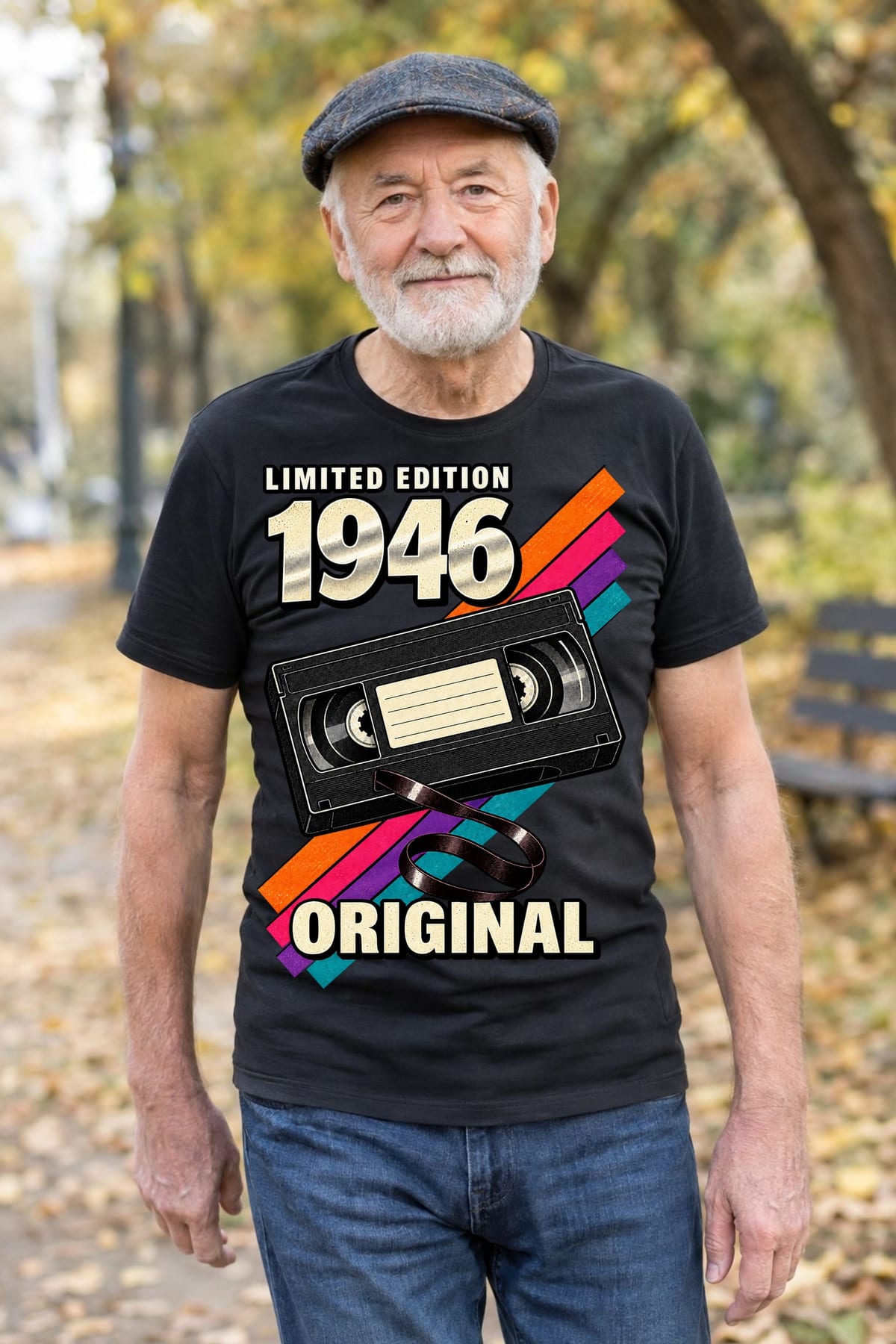 Koszulka męska czarna na 80 urodziny rocznik 1946 kaseta VHS prezent, zdjęcie 6