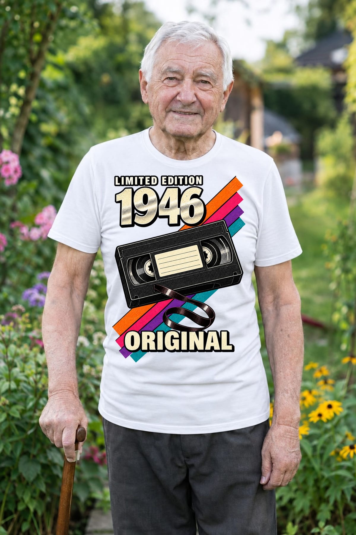 Koszulka męska biała na 80 urodziny rocznik 1946 kaseta VHS prezent, zdjęcie 1