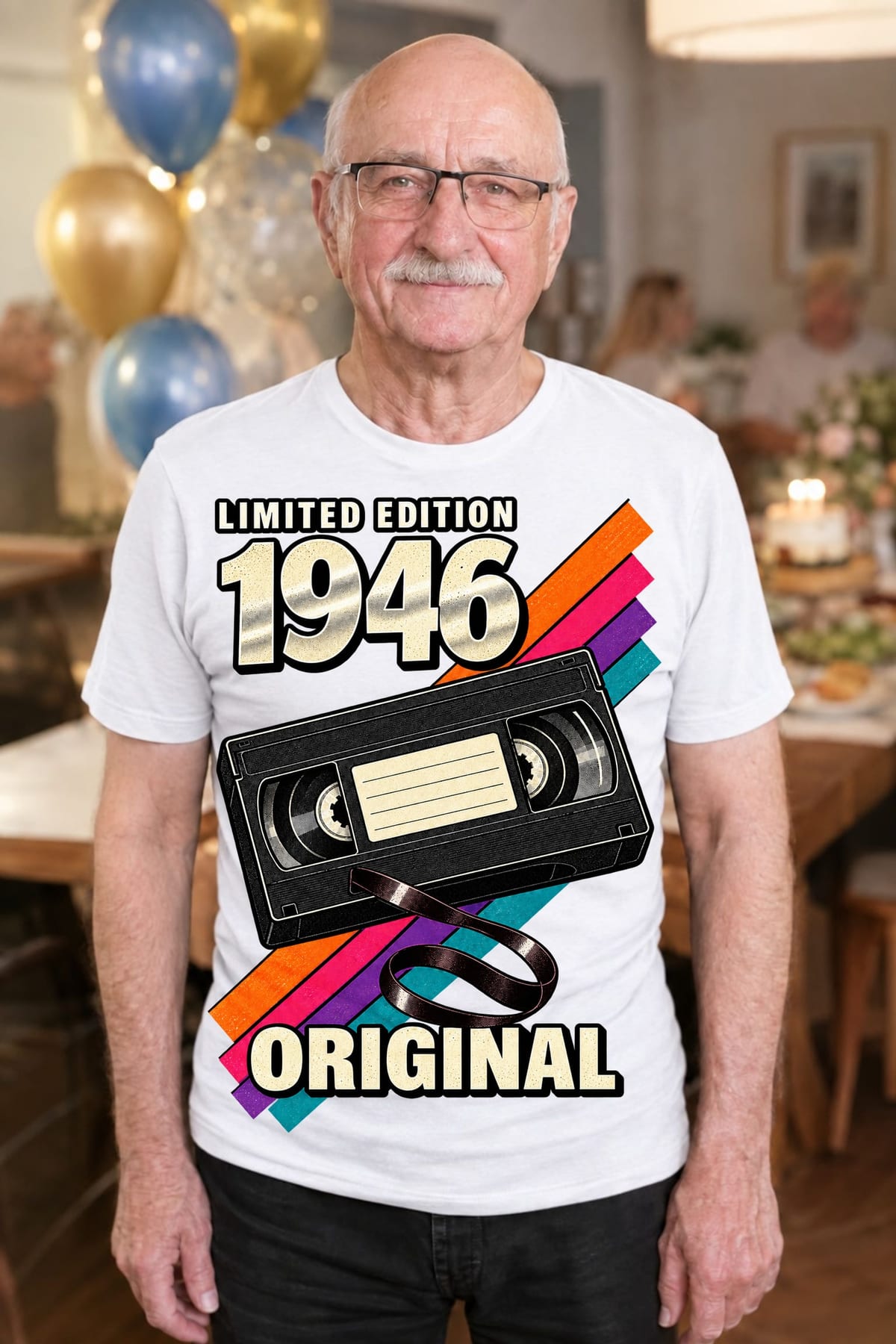 Koszulka męska biała na 80 urodziny rocznik 1946 kaseta VHS prezent, zdjęcie 3