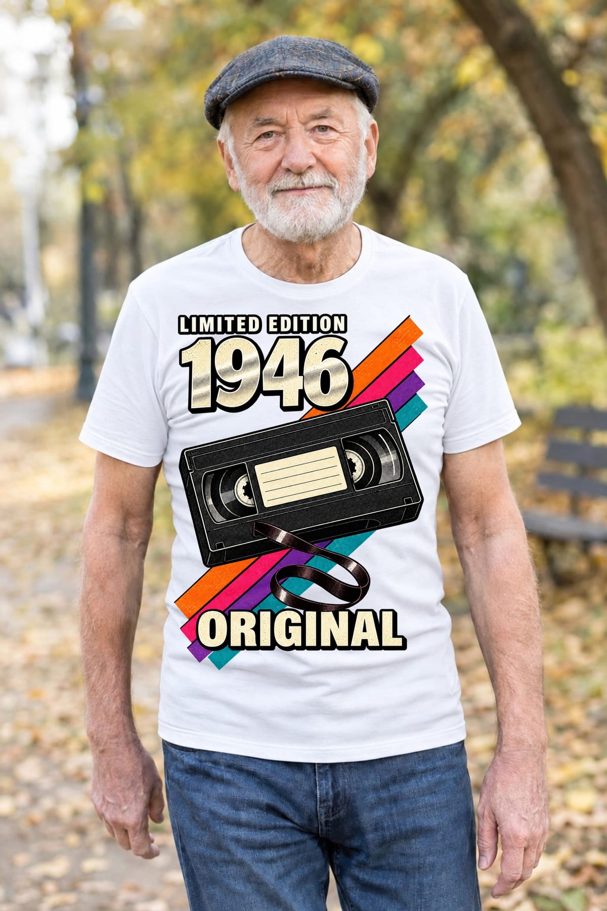 Koszulka męska biała na 80 urodziny rocznik 1946 kaseta VHS prezent, zdjęcie 4