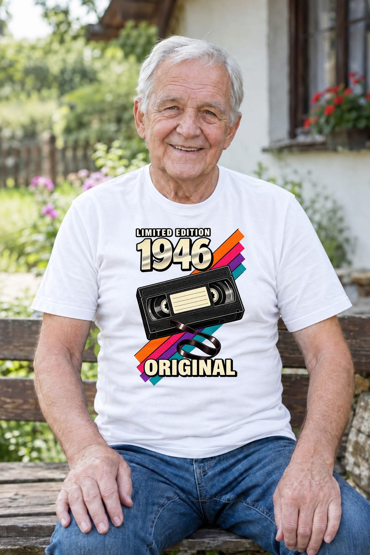 Koszulka męska biała na 80 urodziny rocznik 1946 kaseta VHS prezent, zdjęcie 6