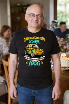 Koszulka męska czarna na 70 urodziny rocznik 1956 Maluch prezent