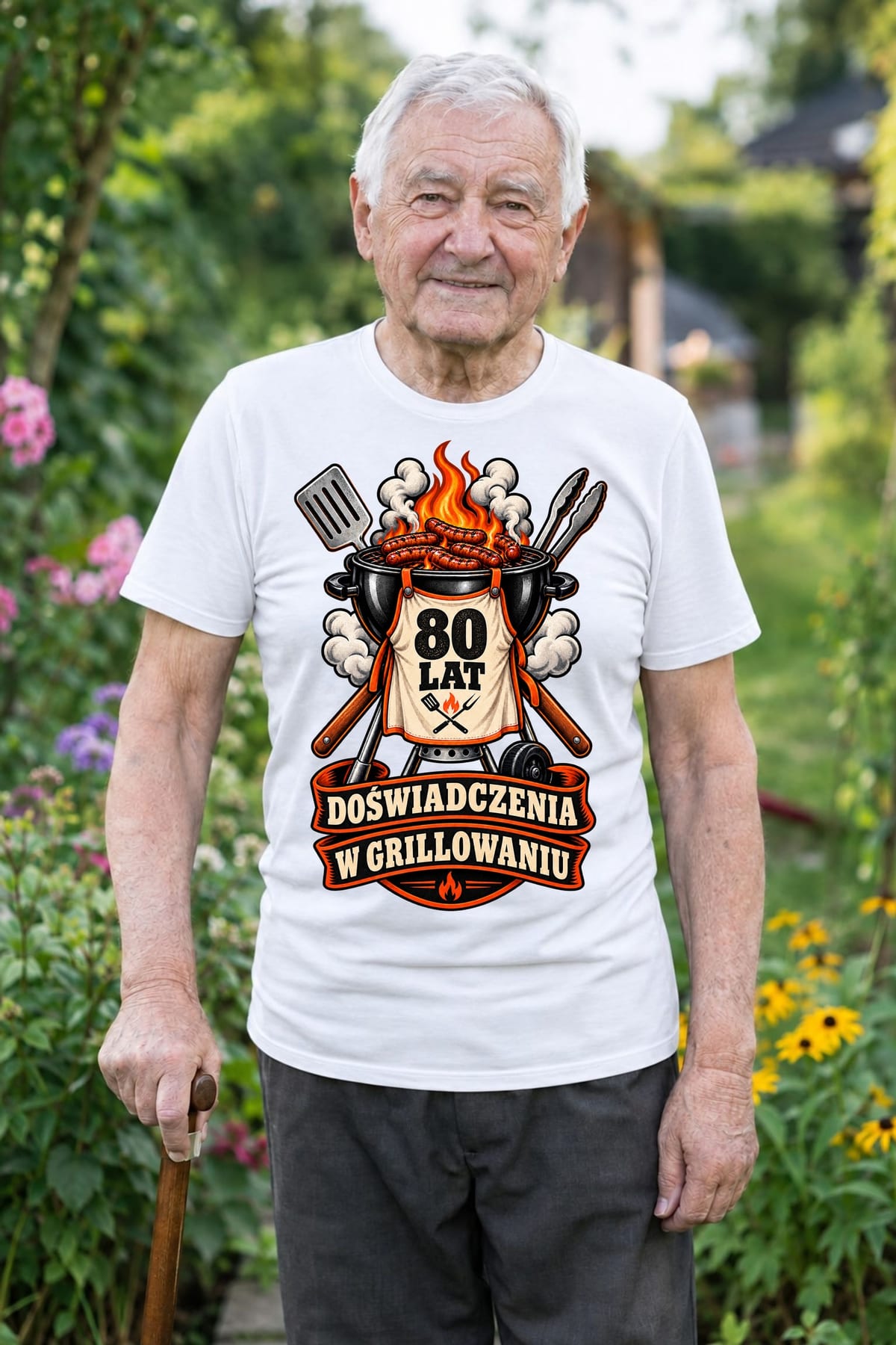 Koszulka męska biała na 80 urodziny grill master prezent dla dziadka, zdjęcie 1