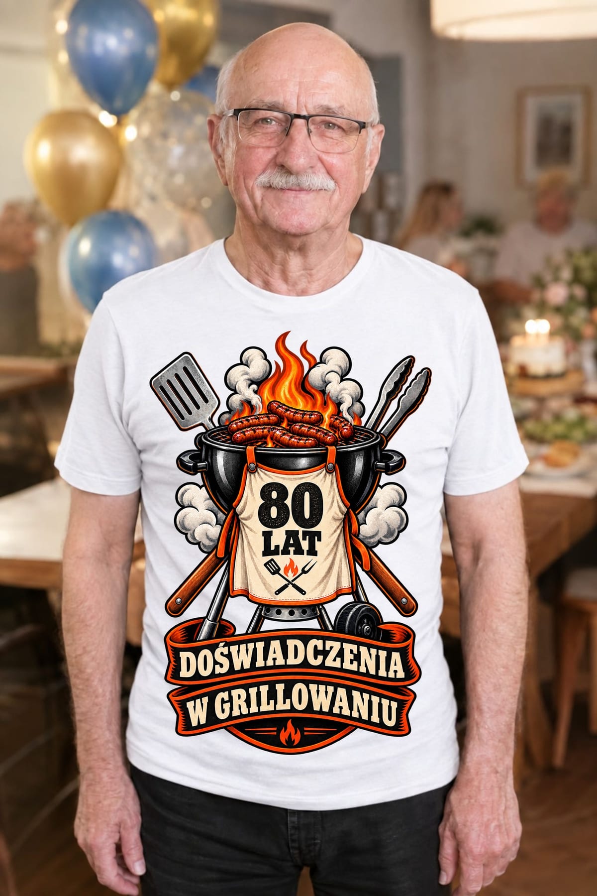 Koszulka męska biała na 80 urodziny grill master prezent dla dziadka, zdjęcie 3
