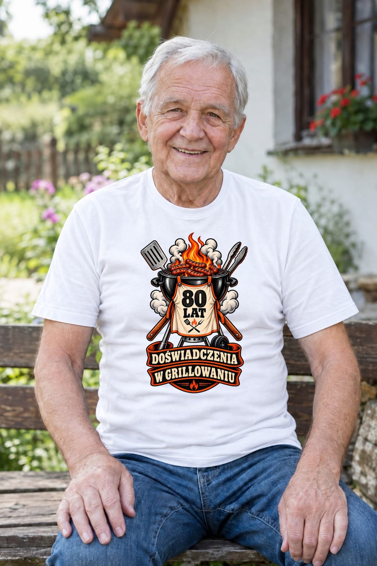 Koszulka męska biała na 80 urodziny grill master prezent dla dziadka, zdjęcie 4