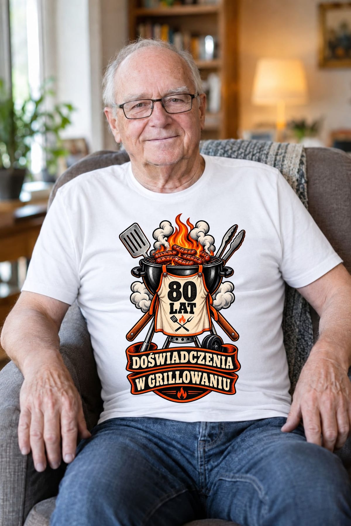 Koszulka męska biała na 80 urodziny grill master prezent dla dziadka, zdjęcie 8