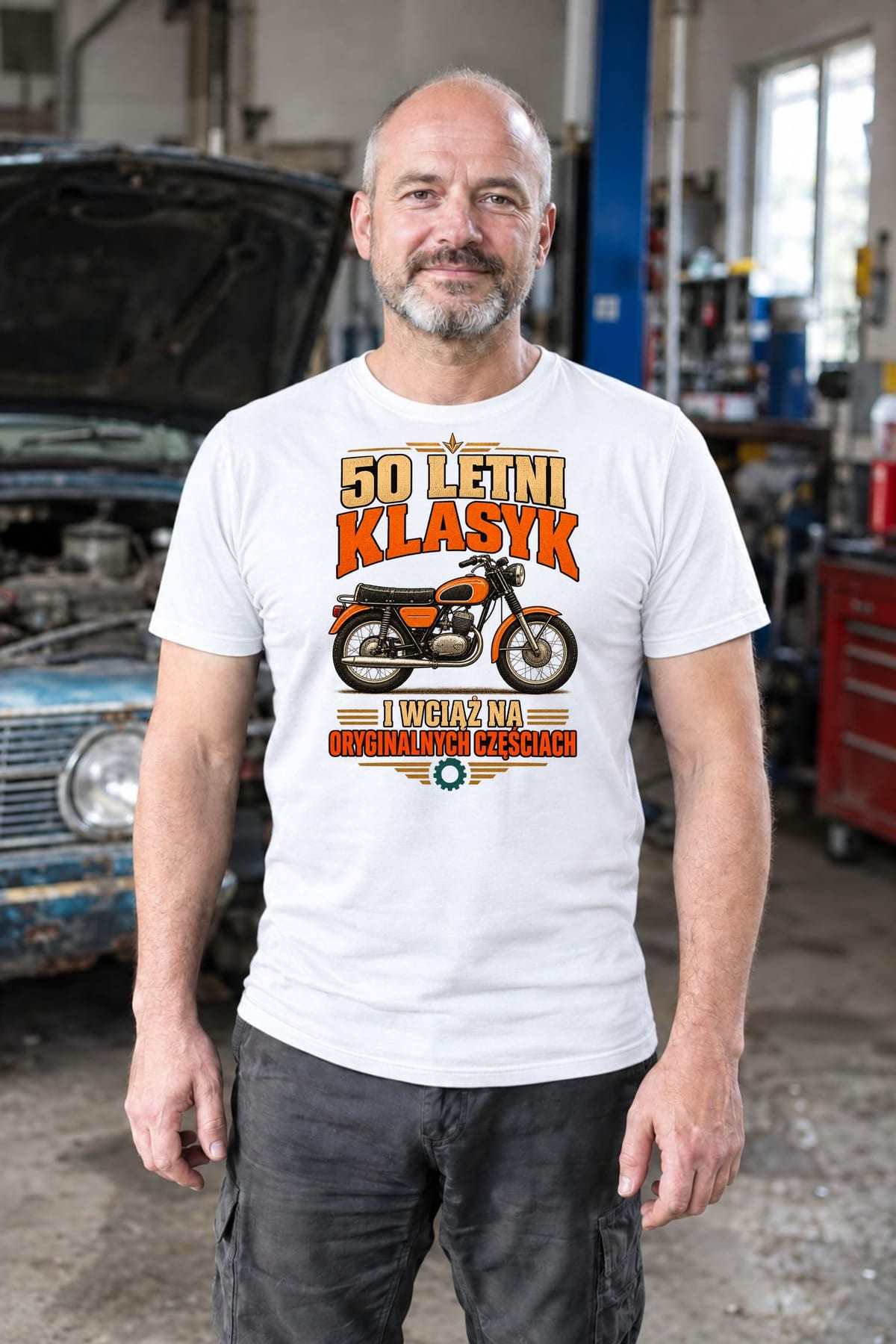 Koszulka męska biała na 50 urodziny WSK klasyk motocykl prezent, zdjęcie 3