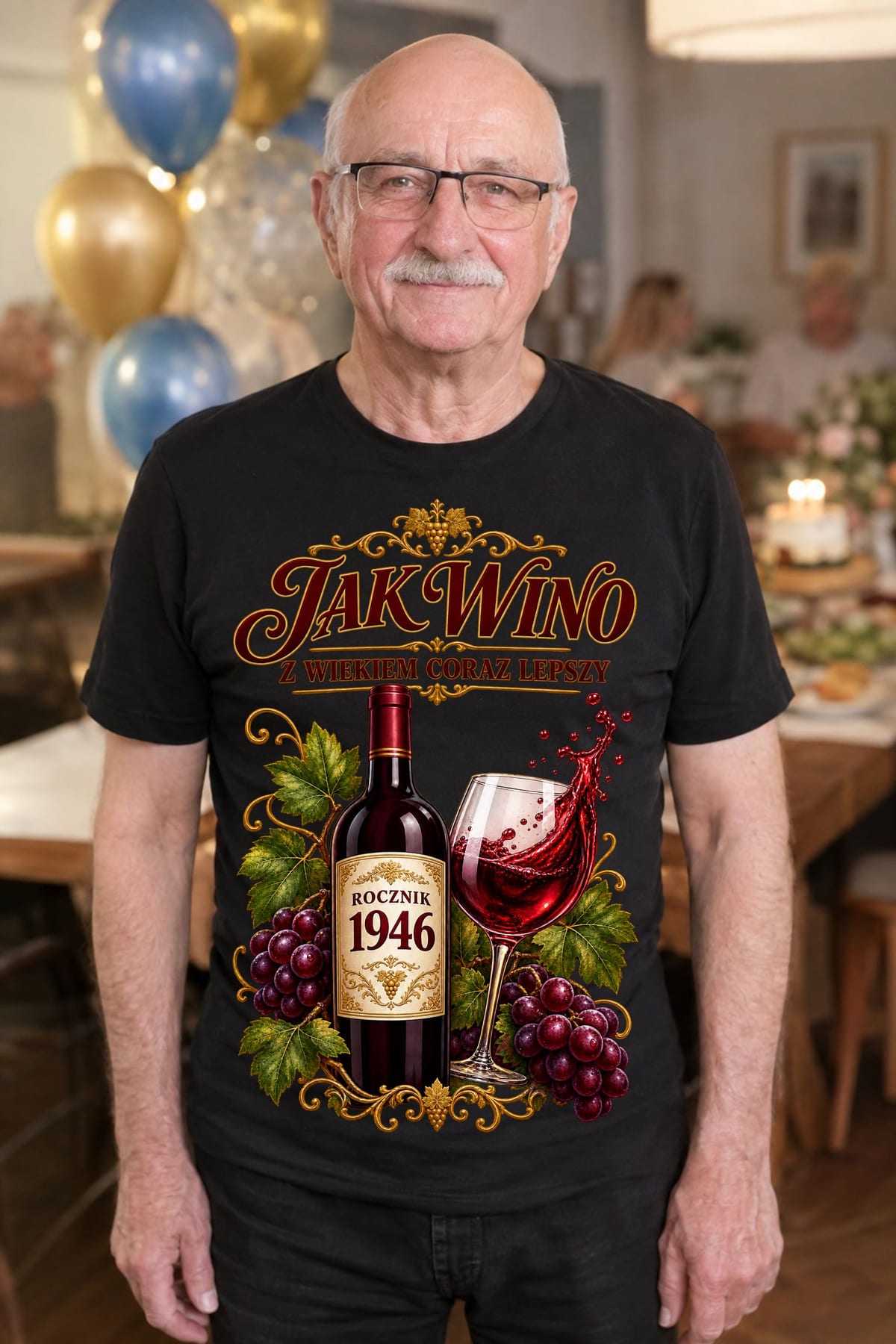 Koszulka męska czarna na 80 urodziny jak wino rocznik 1946 prezent, zdjęcie 1