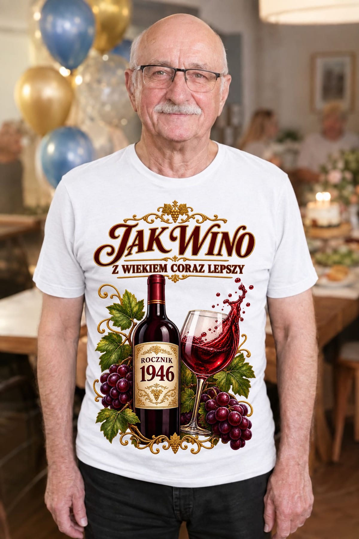 Koszulka męska biała na 80 urodziny jak wino rocznik 1946 prezent, zdjęcie 3