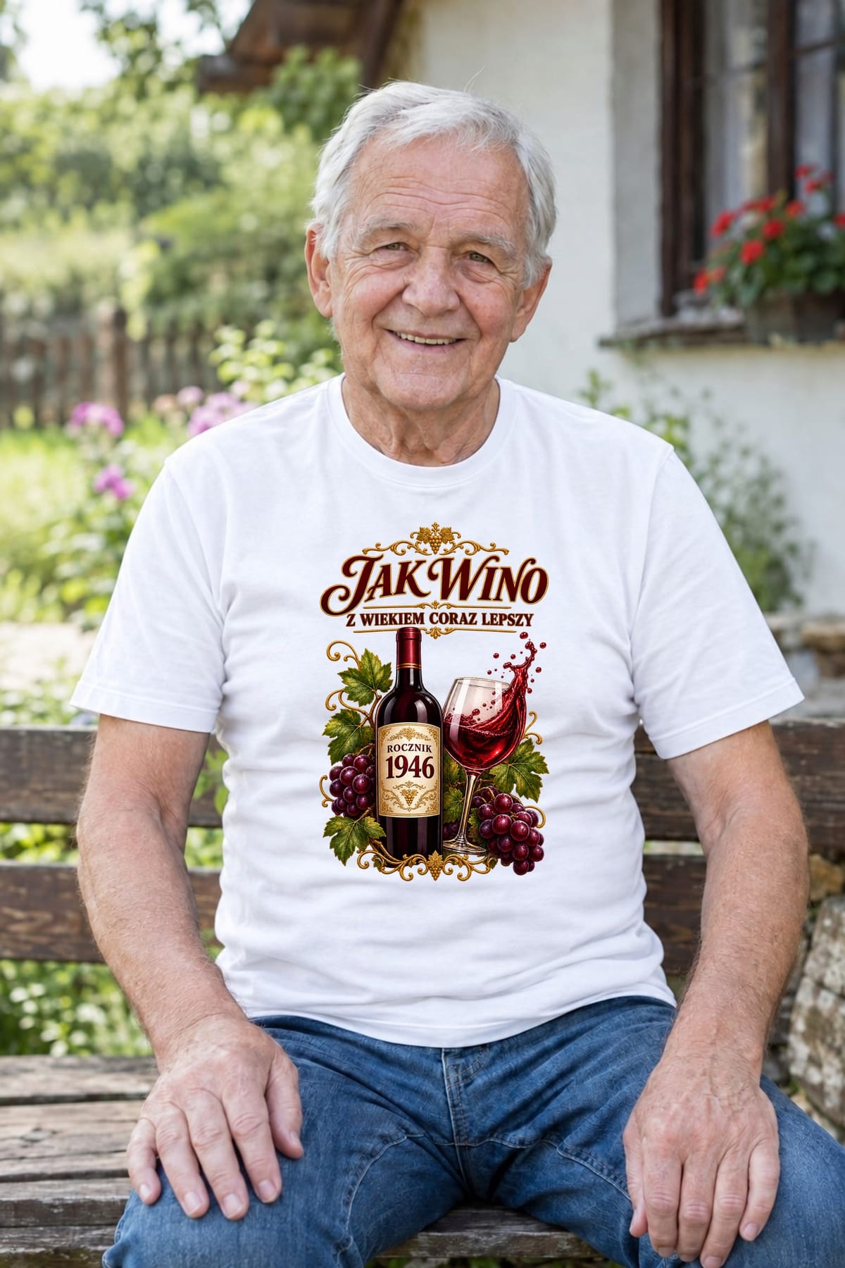Koszulka męska biała na 80 urodziny jak wino rocznik 1946 prezent, zdjęcie 4