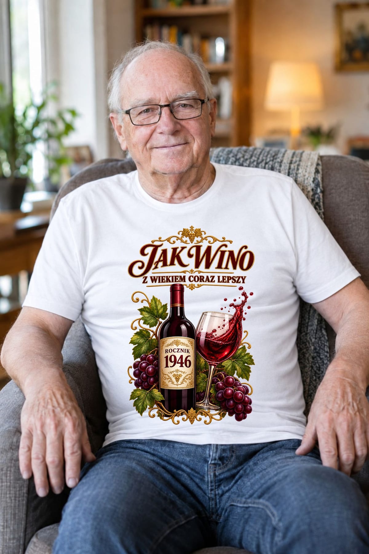 Koszulka męska biała na 80 urodziny jak wino rocznik 1946 prezent, zdjęcie 7