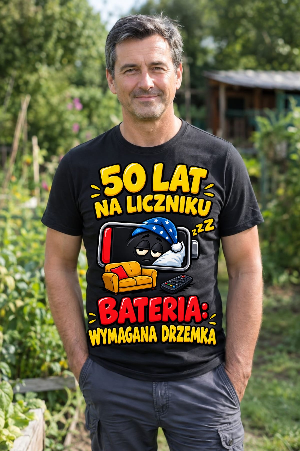 Koszulka męska czarna na 50 urodziny bateria wymagana drzemka prezent, zdjęcie 4