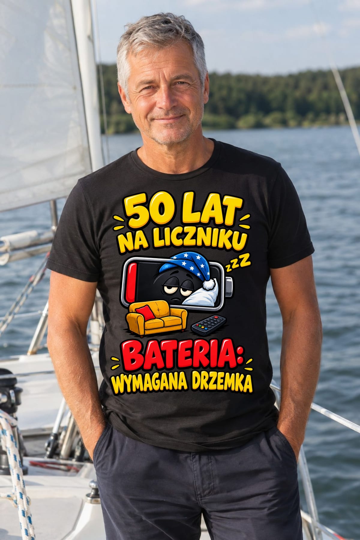 Koszulka męska czarna na 50 urodziny bateria wymagana drzemka prezent, zdjęcie 5