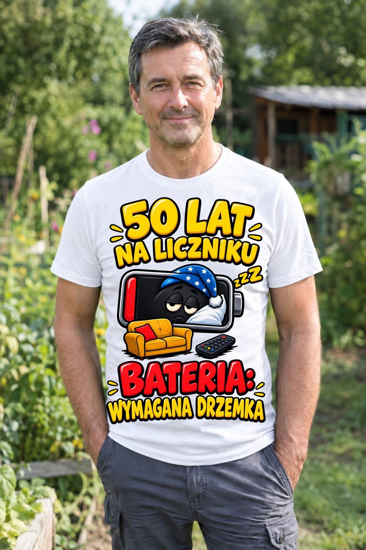 Koszulka męska biała na 50 urodziny bateria wymagana drzemka prezent, zdjęcie 4