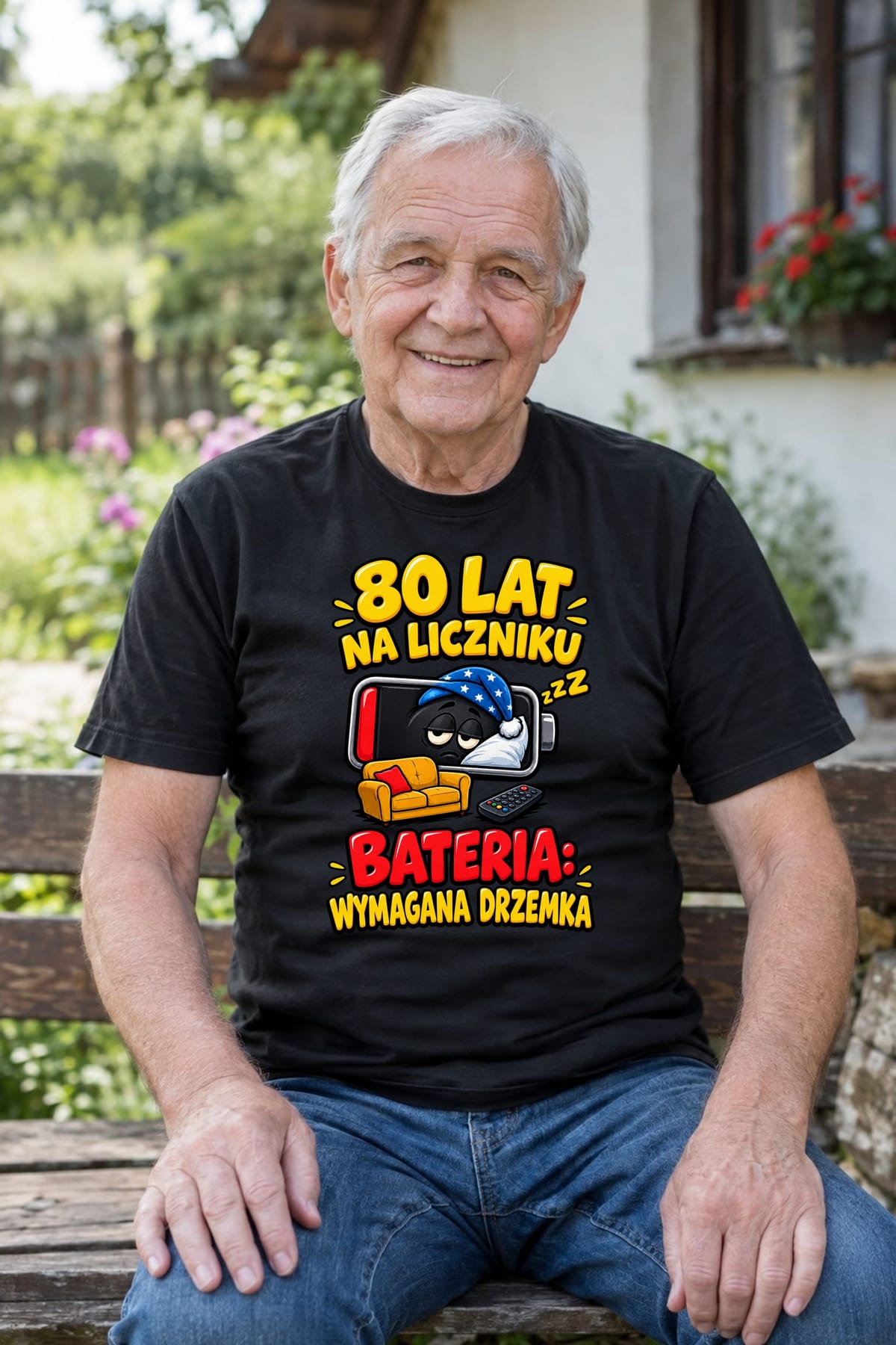 Koszulka męska czarna na 80 urodziny bateria wymagana drzemka prezent, zdjęcie 3