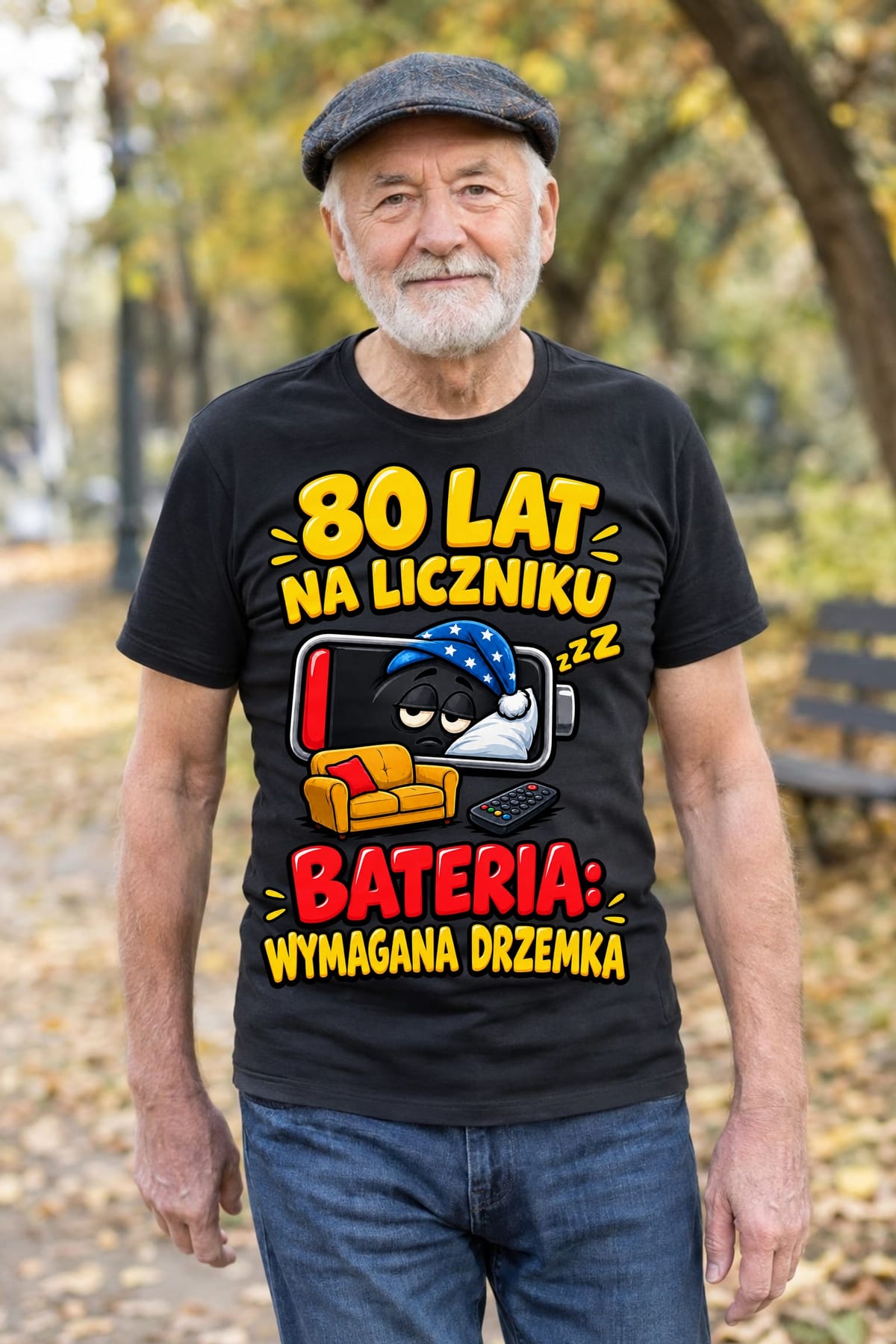 Koszulka męska czarna na 80 urodziny bateria wymagana drzemka prezent, zdjęcie 4