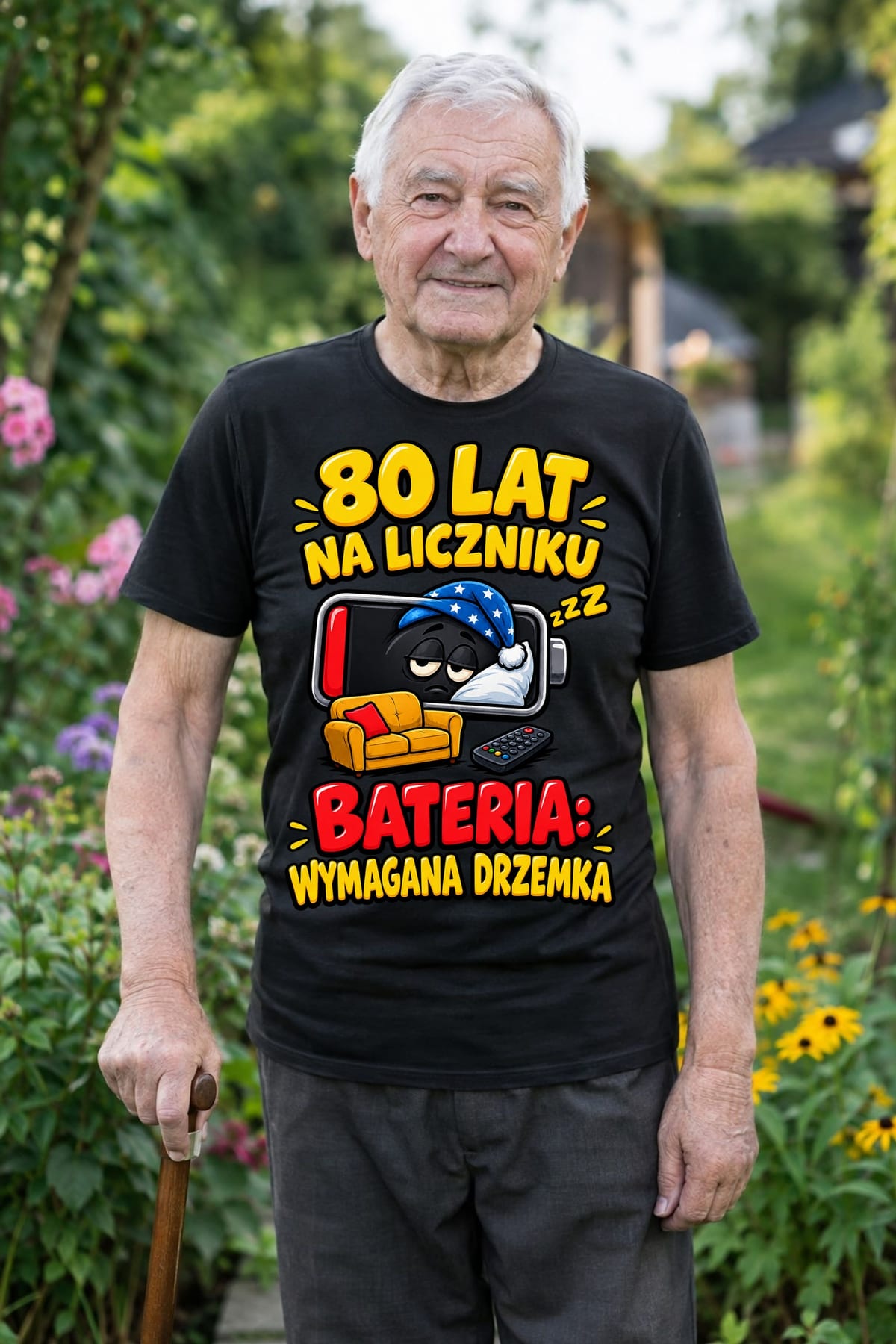 Koszulka męska czarna na 80 urodziny bateria wymagana drzemka prezent, zdjęcie 6