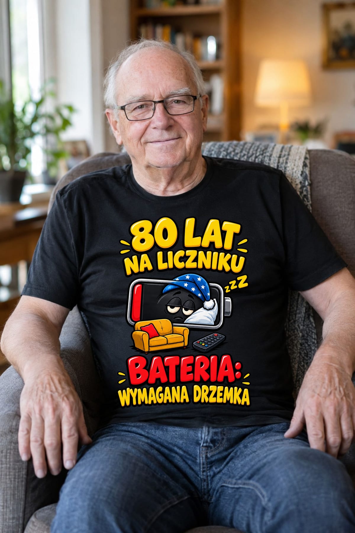 Koszulka męska czarna na 80 urodziny bateria wymagana drzemka prezent, zdjęcie 7