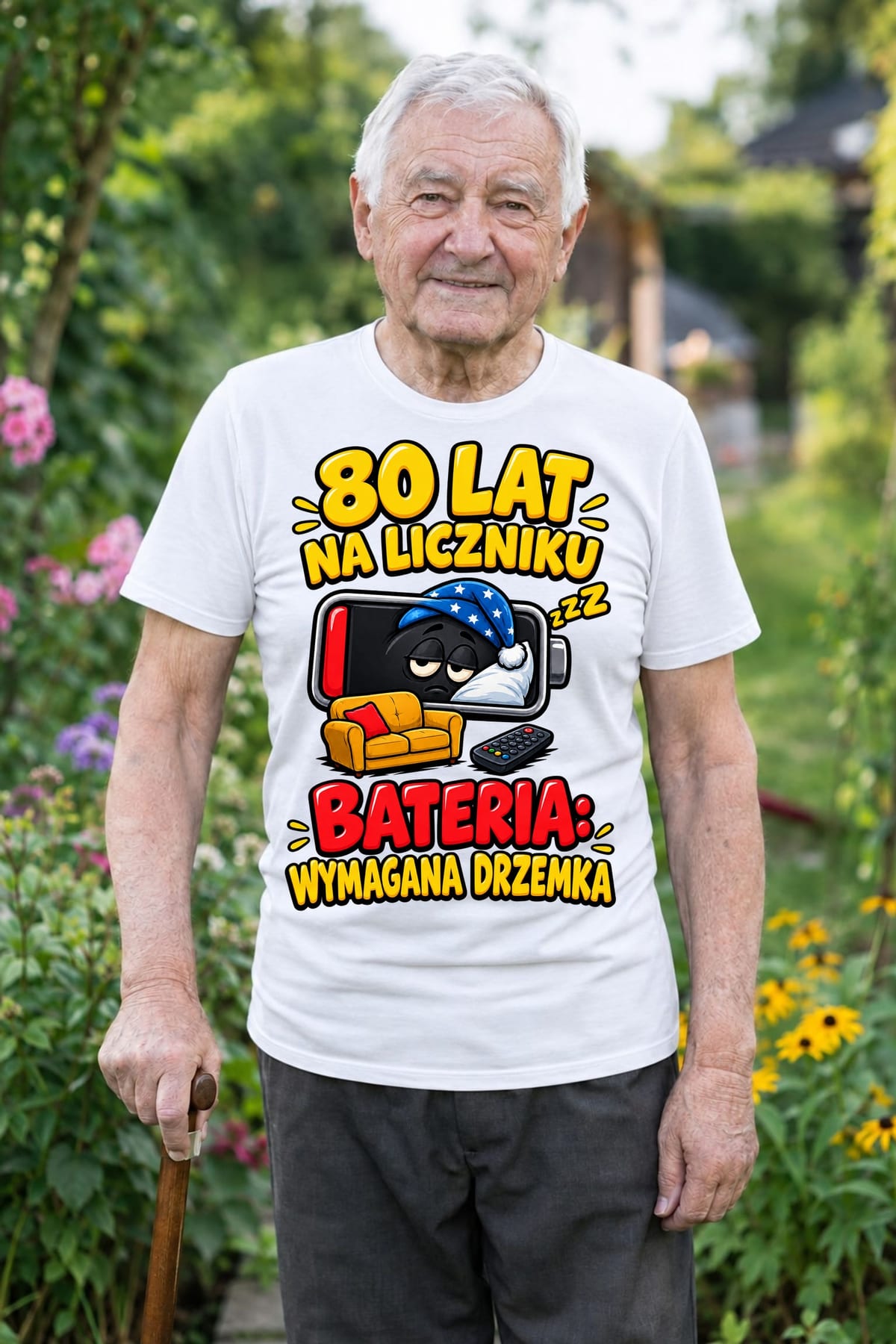 Koszulka męska biała na 80 urodziny bateria wymagana drzemka prezent, zdjęcie 1