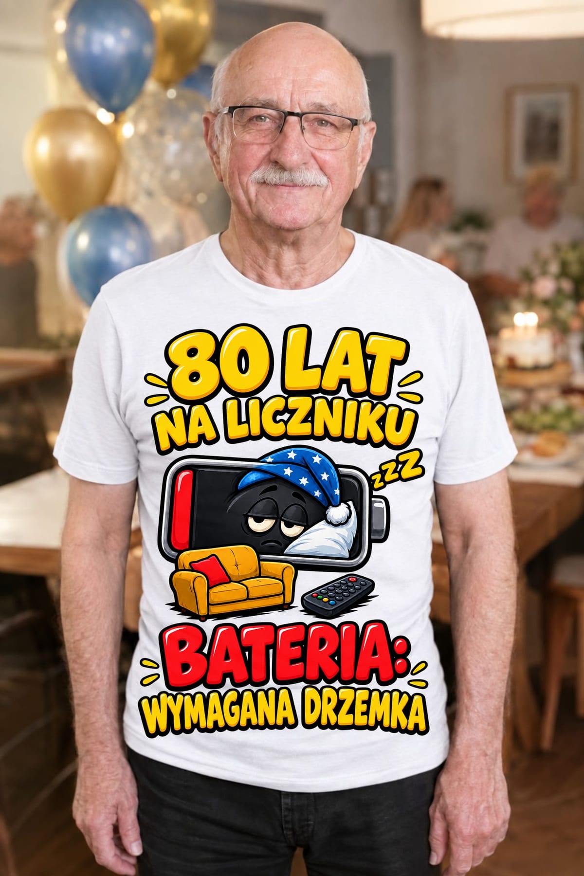 Koszulka męska biała na 80 urodziny bateria wymagana drzemka prezent, zdjęcie 3