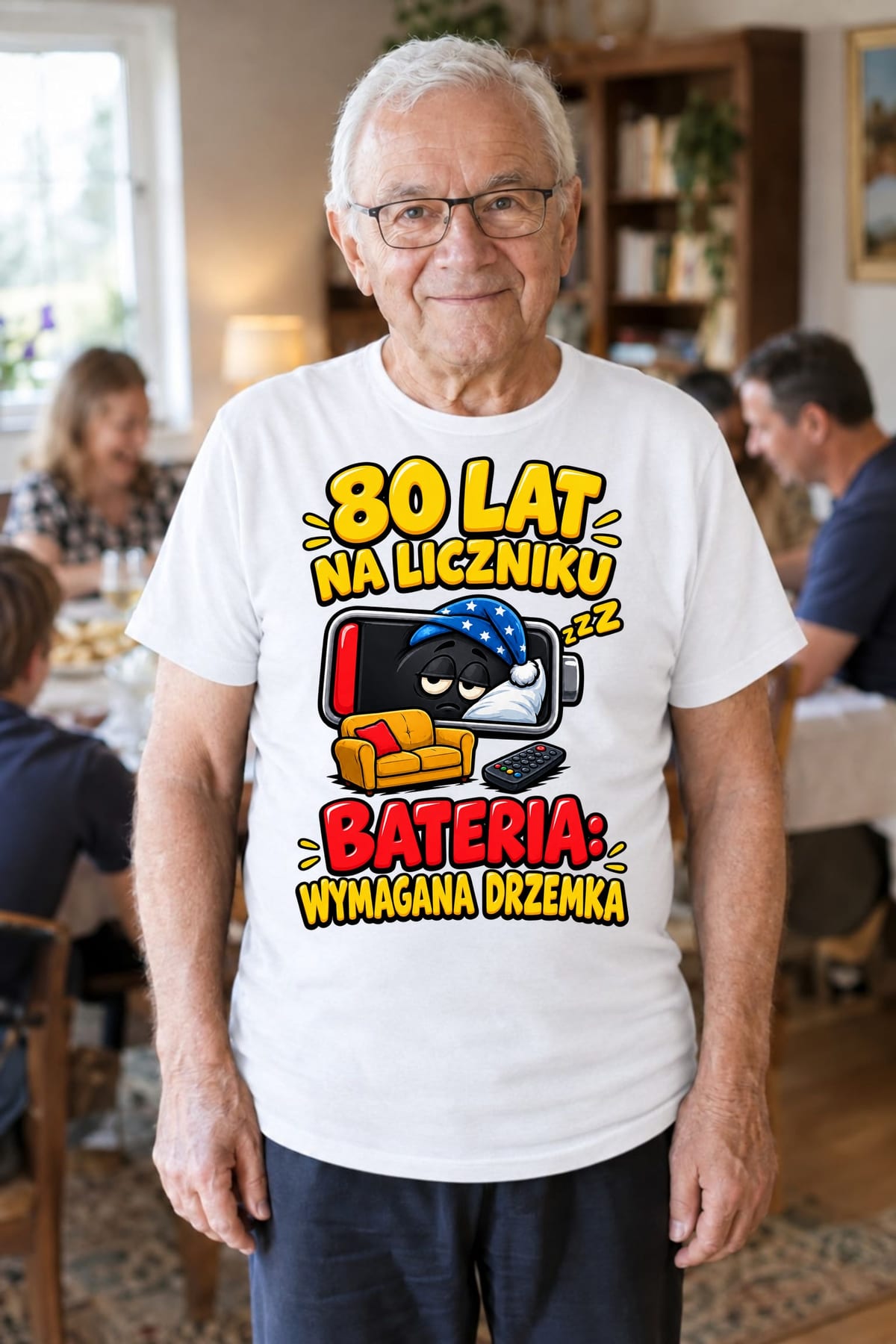 Koszulka męska biała na 80 urodziny bateria wymagana drzemka prezent, zdjęcie 4