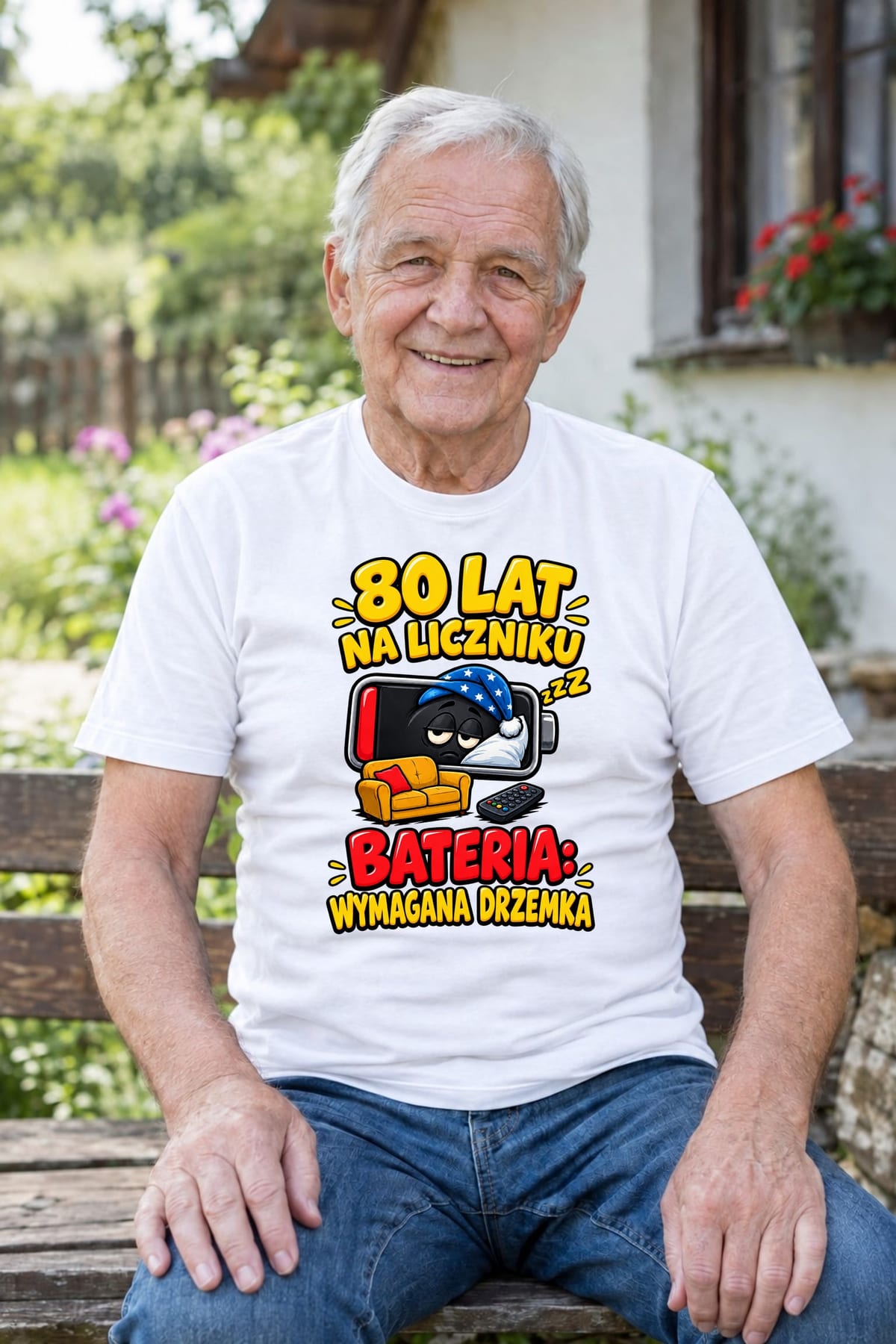Koszulka męska biała na 80 urodziny bateria wymagana drzemka prezent, zdjęcie 5