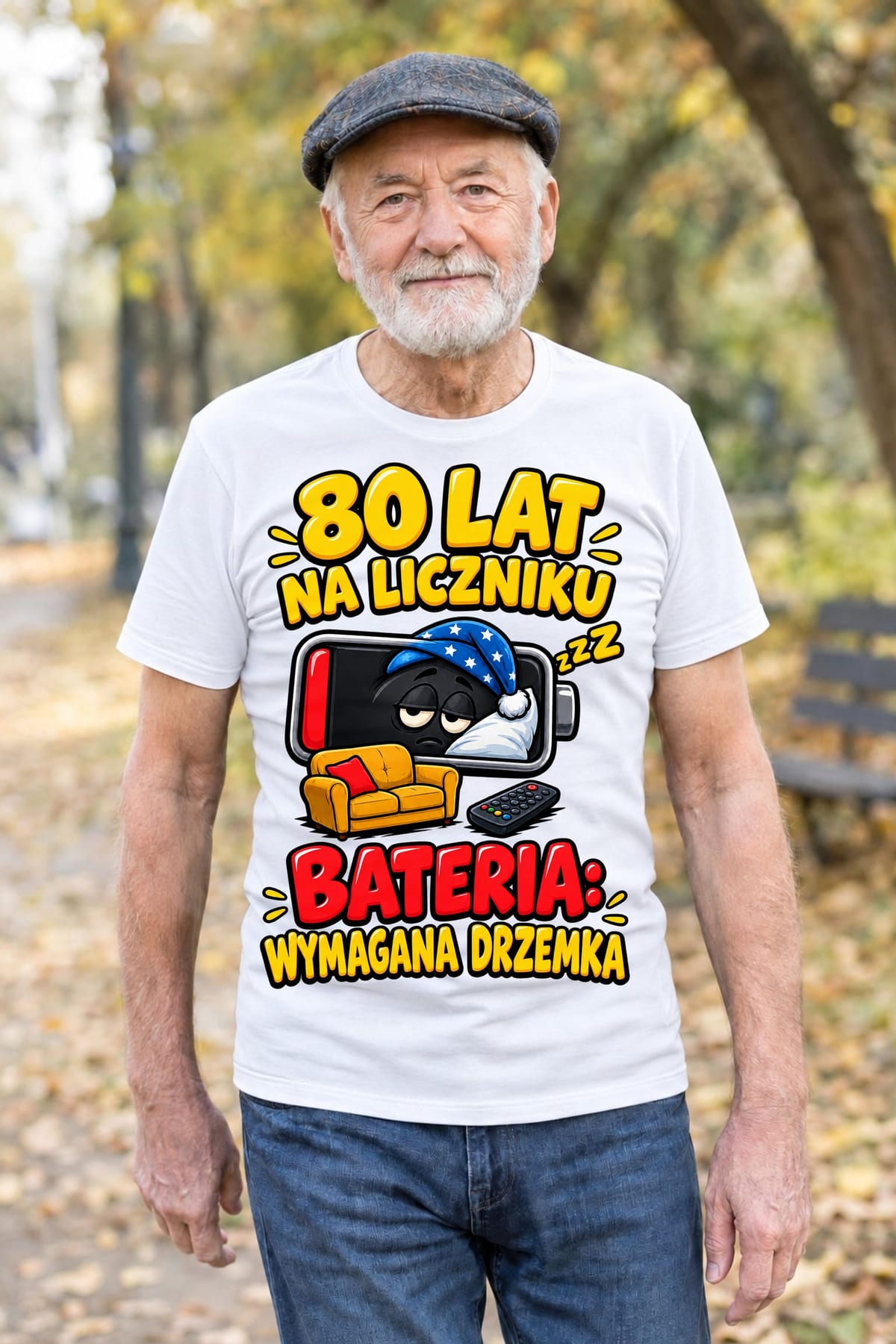 Koszulka męska biała na 80 urodziny bateria wymagana drzemka prezent, zdjęcie 6