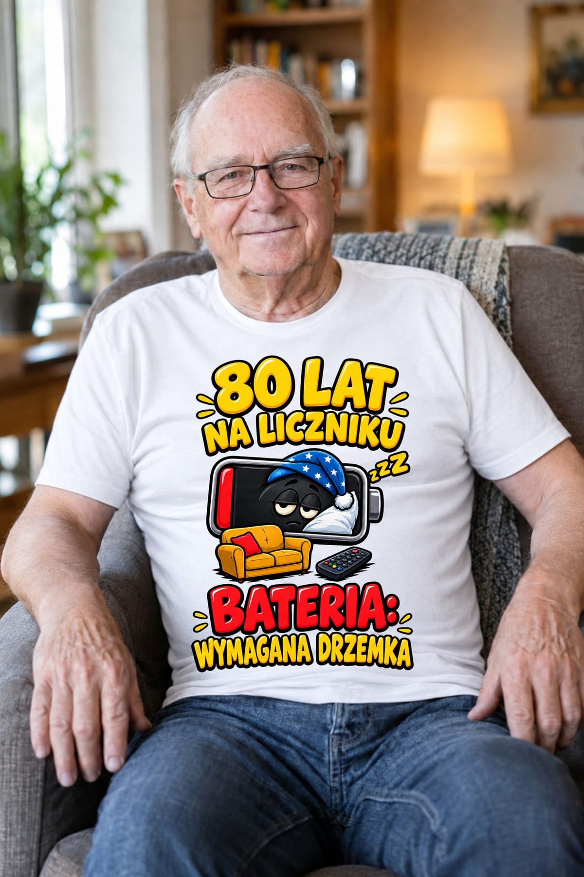 Koszulka męska biała na 80 urodziny bateria wymagana drzemka prezent, zdjęcie 7