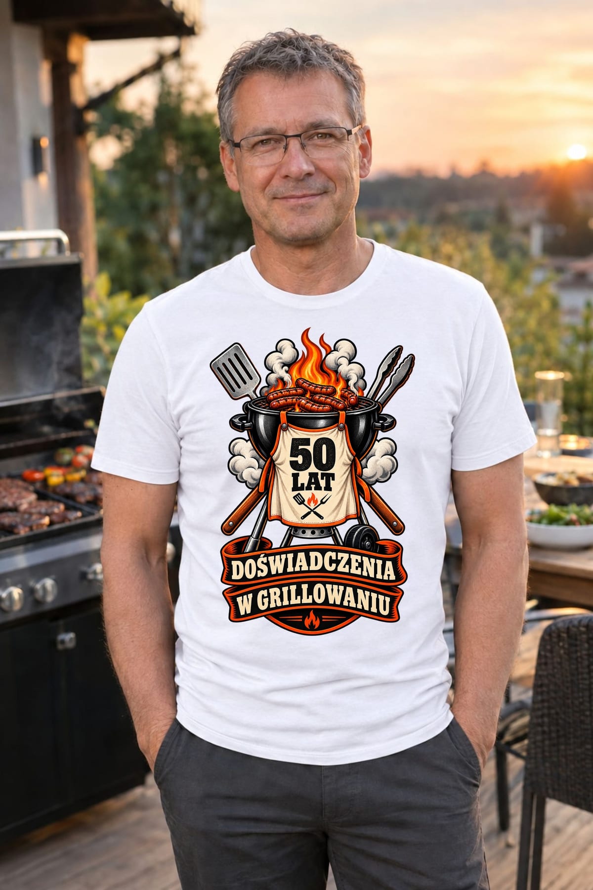 Koszulka męska biała na 50 urodziny grill master prezent dla męża, zdjęcie 1