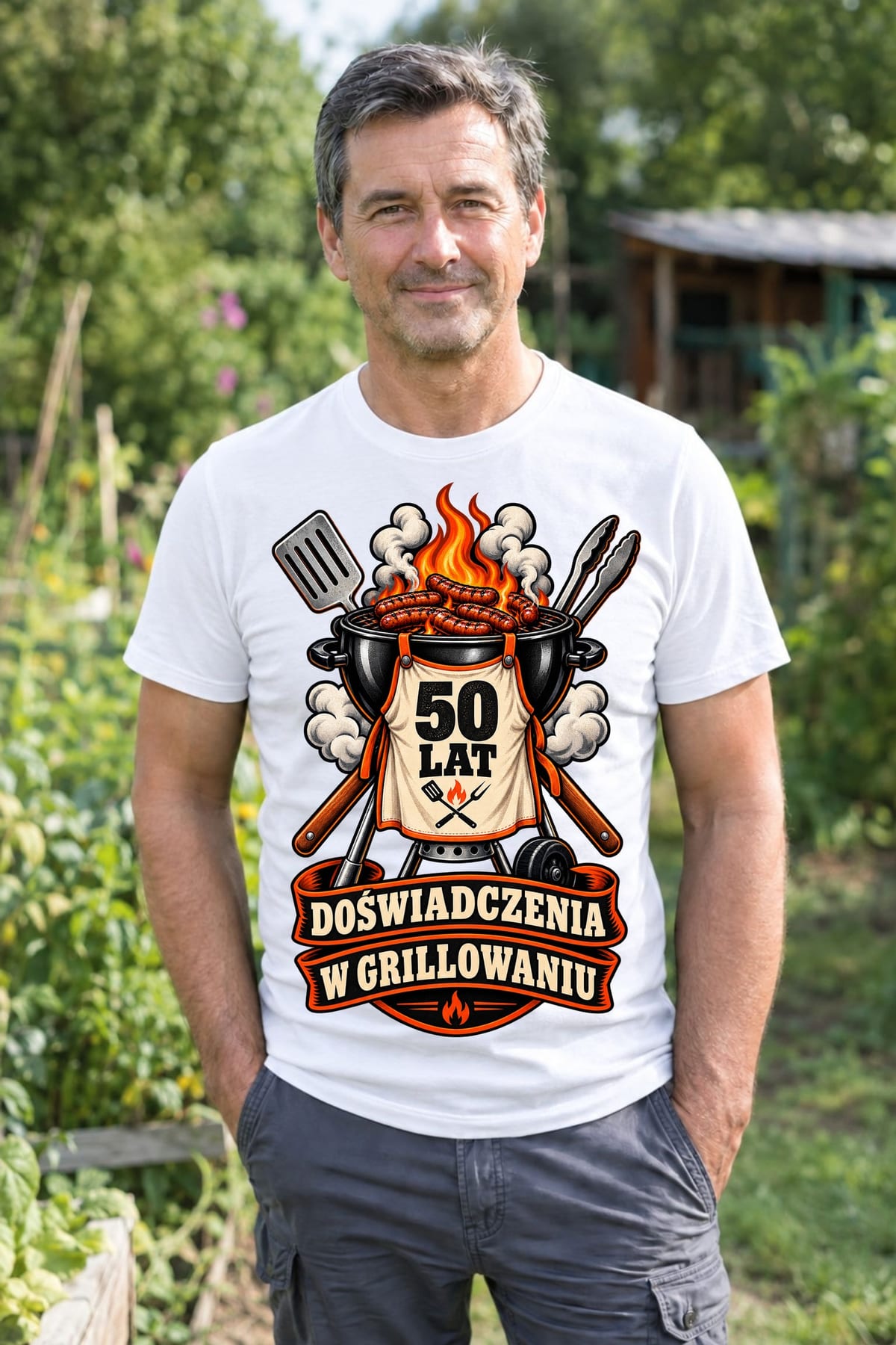 Koszulka męska biała na 50 urodziny grill master prezent dla męża, zdjęcie 4