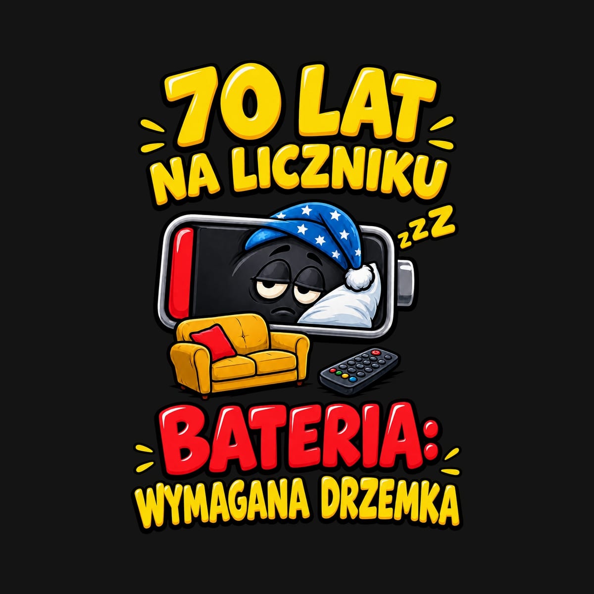 Koszulka męska czarna na 70 urodziny bateria wymagana drzemka prezent, zdjęcie 2