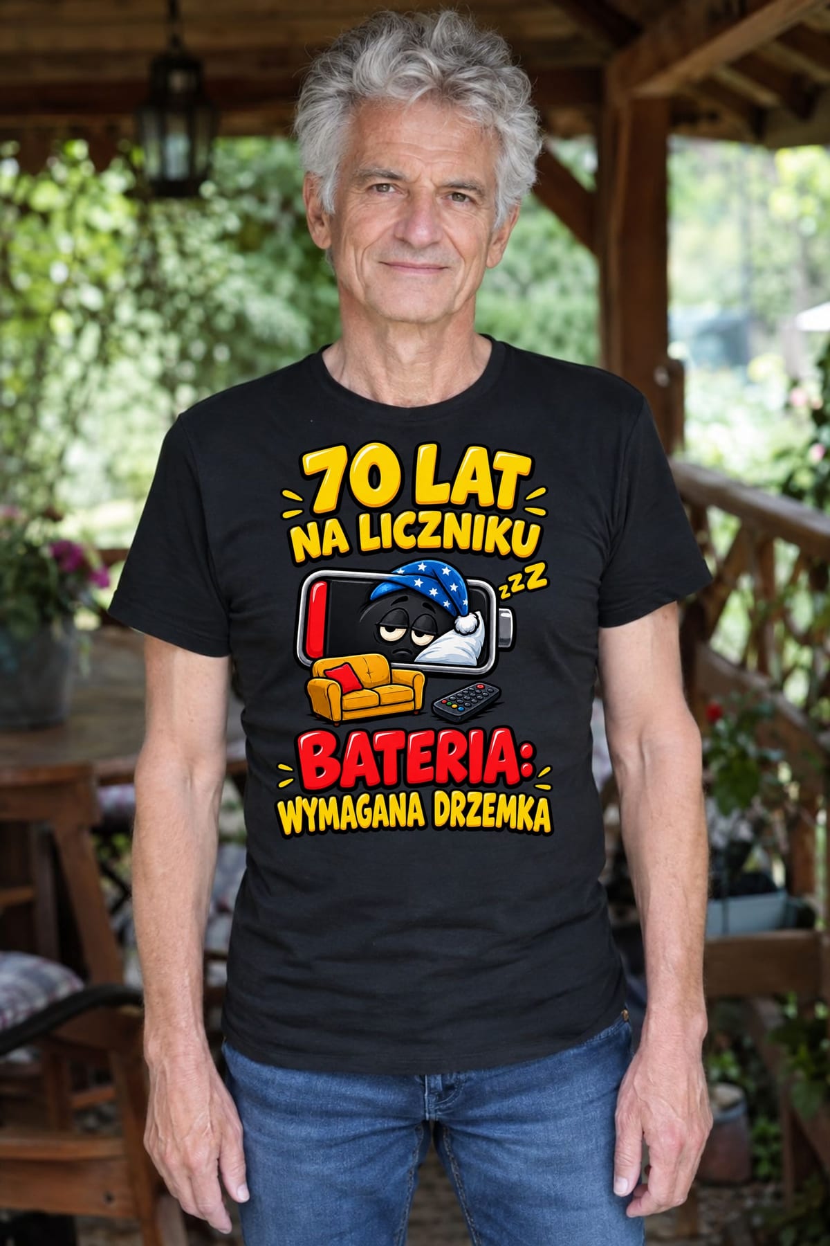Koszulka męska czarna na 70 urodziny bateria wymagana drzemka prezent, zdjęcie 3