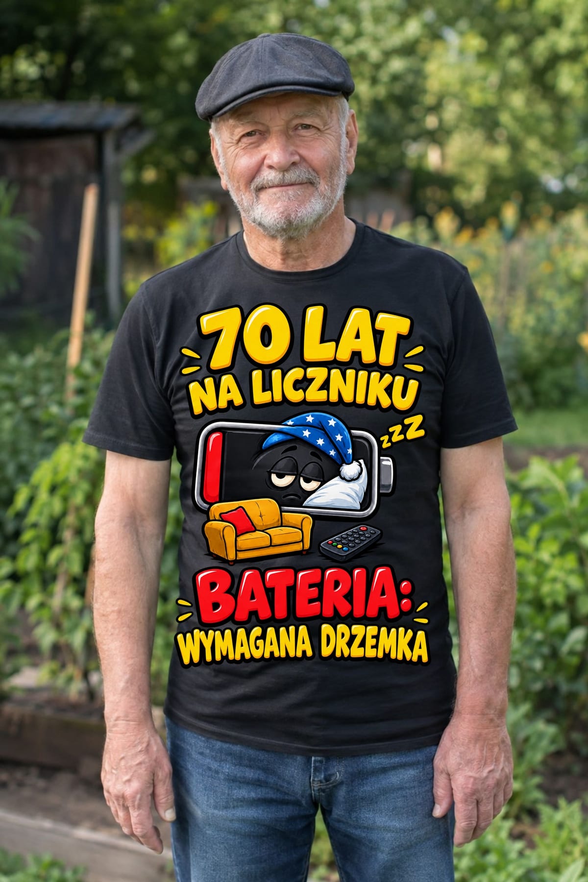 Koszulka męska czarna na 70 urodziny bateria wymagana drzemka prezent, zdjęcie 5