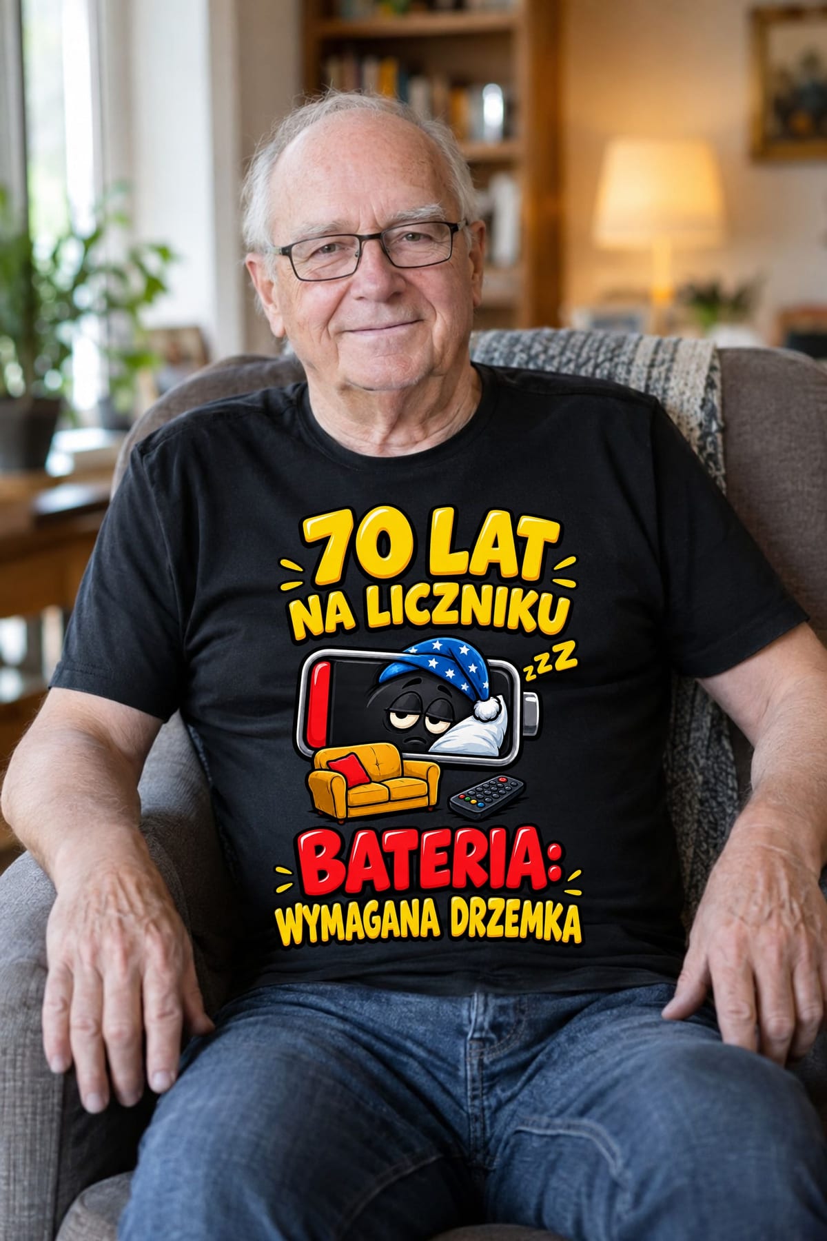 Koszulka męska czarna na 70 urodziny bateria wymagana drzemka prezent, zdjęcie 8