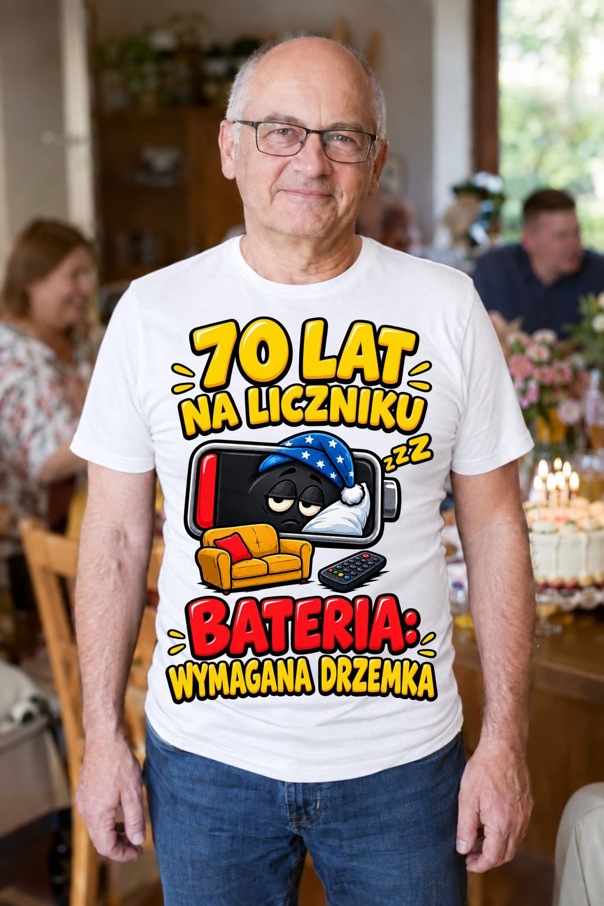 Koszulka męska biała na 70 urodziny bateria wymagana drzemka prezent, zdjęcie 3