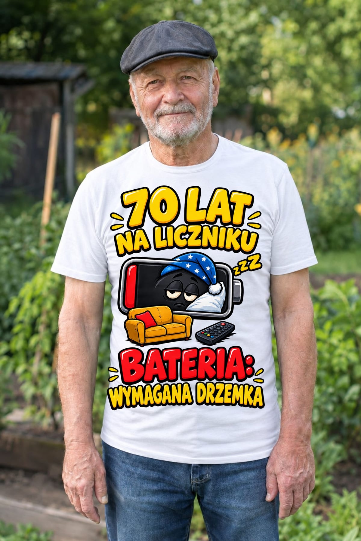 Koszulka męska biała na 70 urodziny bateria wymagana drzemka prezent, zdjęcie 5