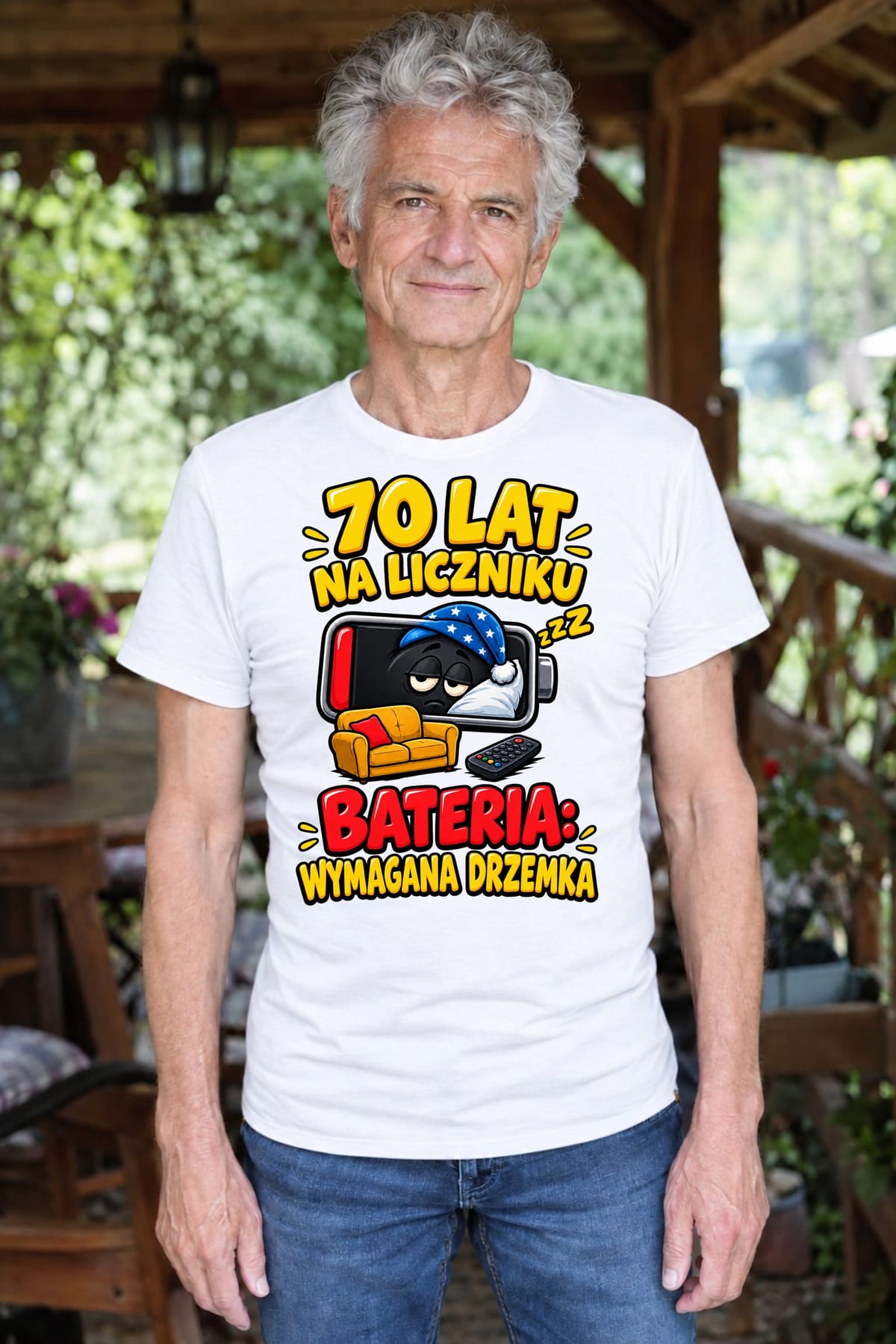 Koszulka męska biała na 70 urodziny bateria wymagana drzemka prezent, zdjęcie 6