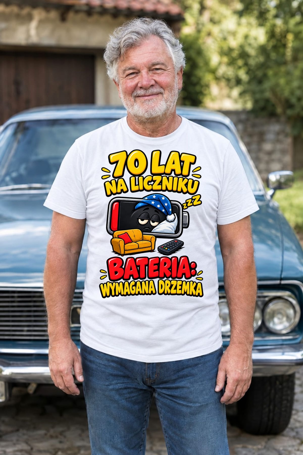 Koszulka męska biała na 70 urodziny bateria wymagana drzemka prezent, zdjęcie 7