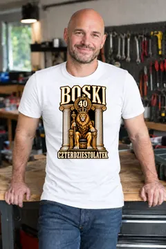 Koszulka męska biała na 40 urodziny boski czterdziestolatek lew prezent