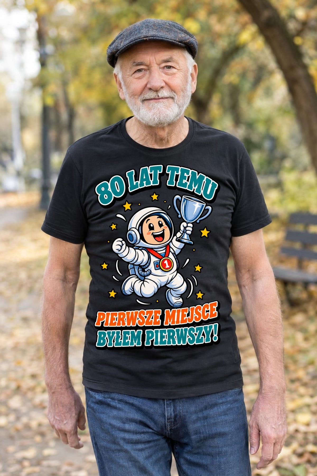 Koszulka męska czarna na 80 urodziny byłem pierwszy astronauta prezent, zdjęcie 3