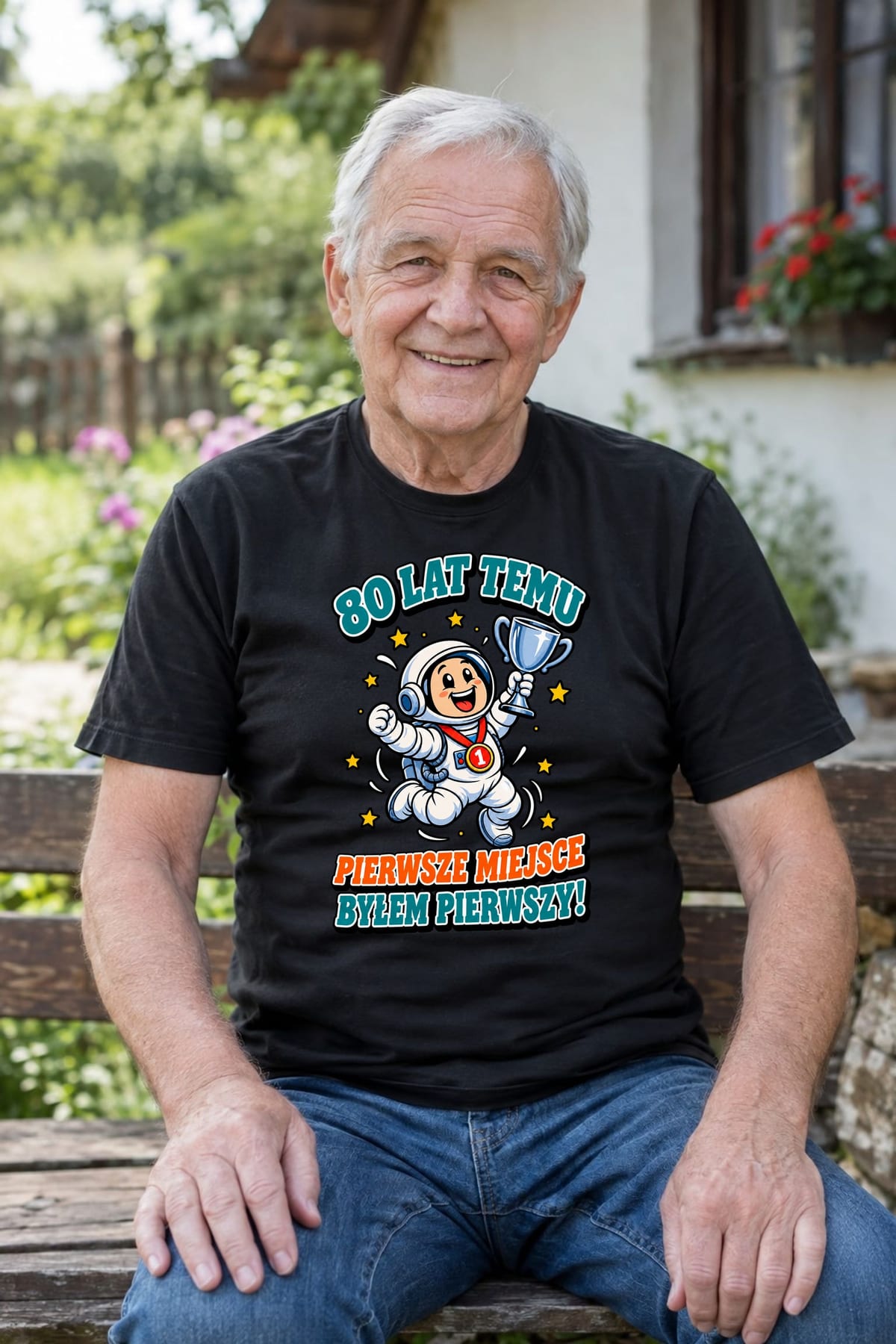 Koszulka męska czarna na 80 urodziny byłem pierwszy astronauta prezent, zdjęcie 4