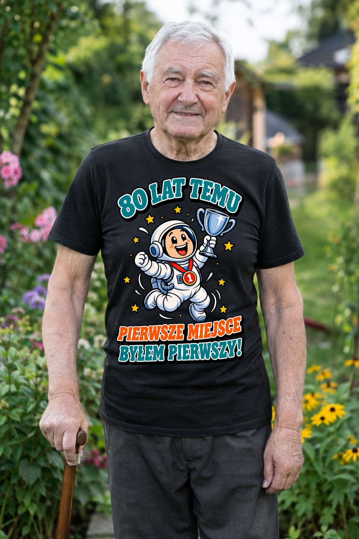 Koszulka męska czarna na 80 urodziny byłem pierwszy astronauta prezent, zdjęcie 5