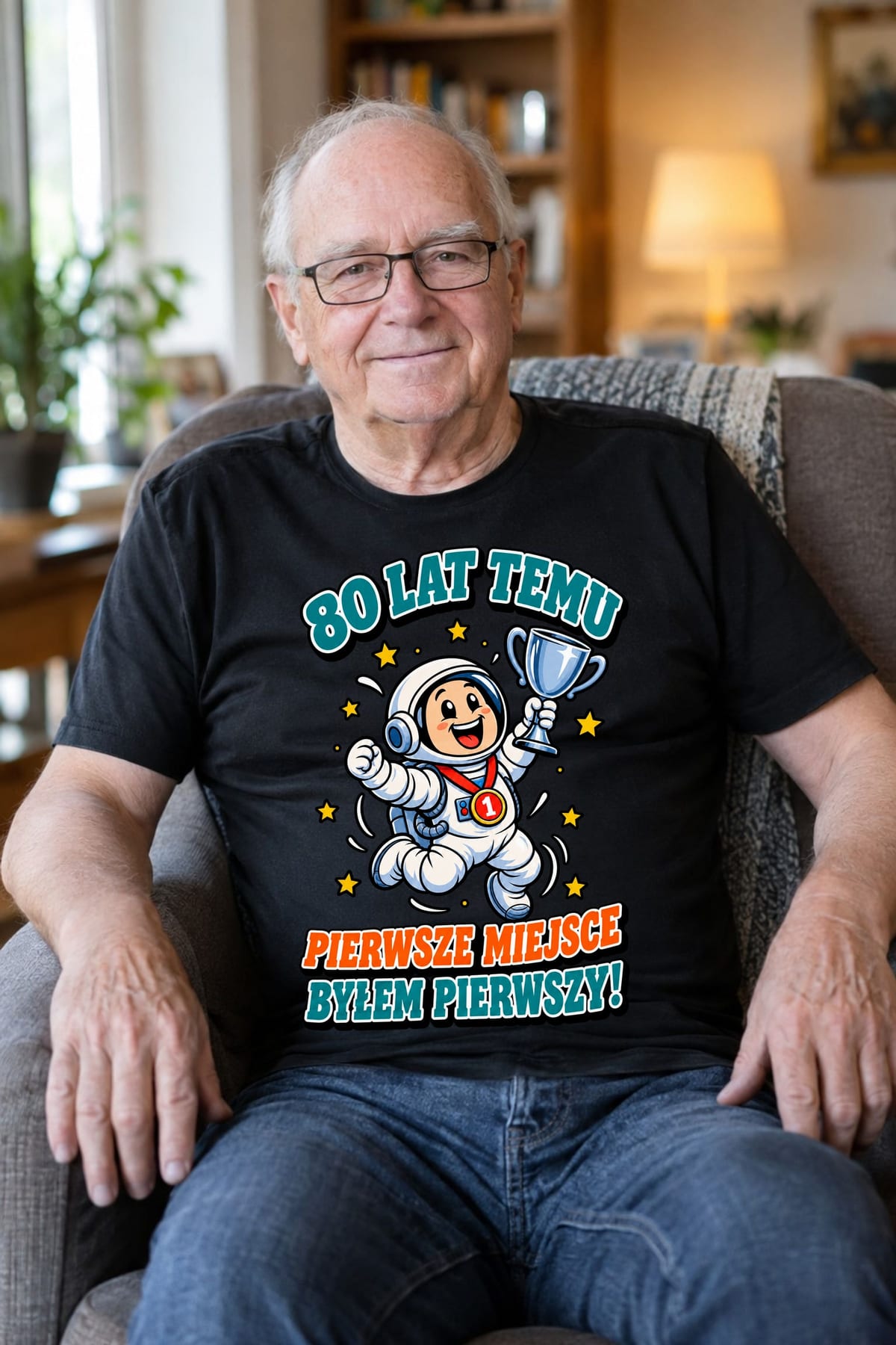 Koszulka męska czarna na 80 urodziny byłem pierwszy astronauta prezent, zdjęcie 7