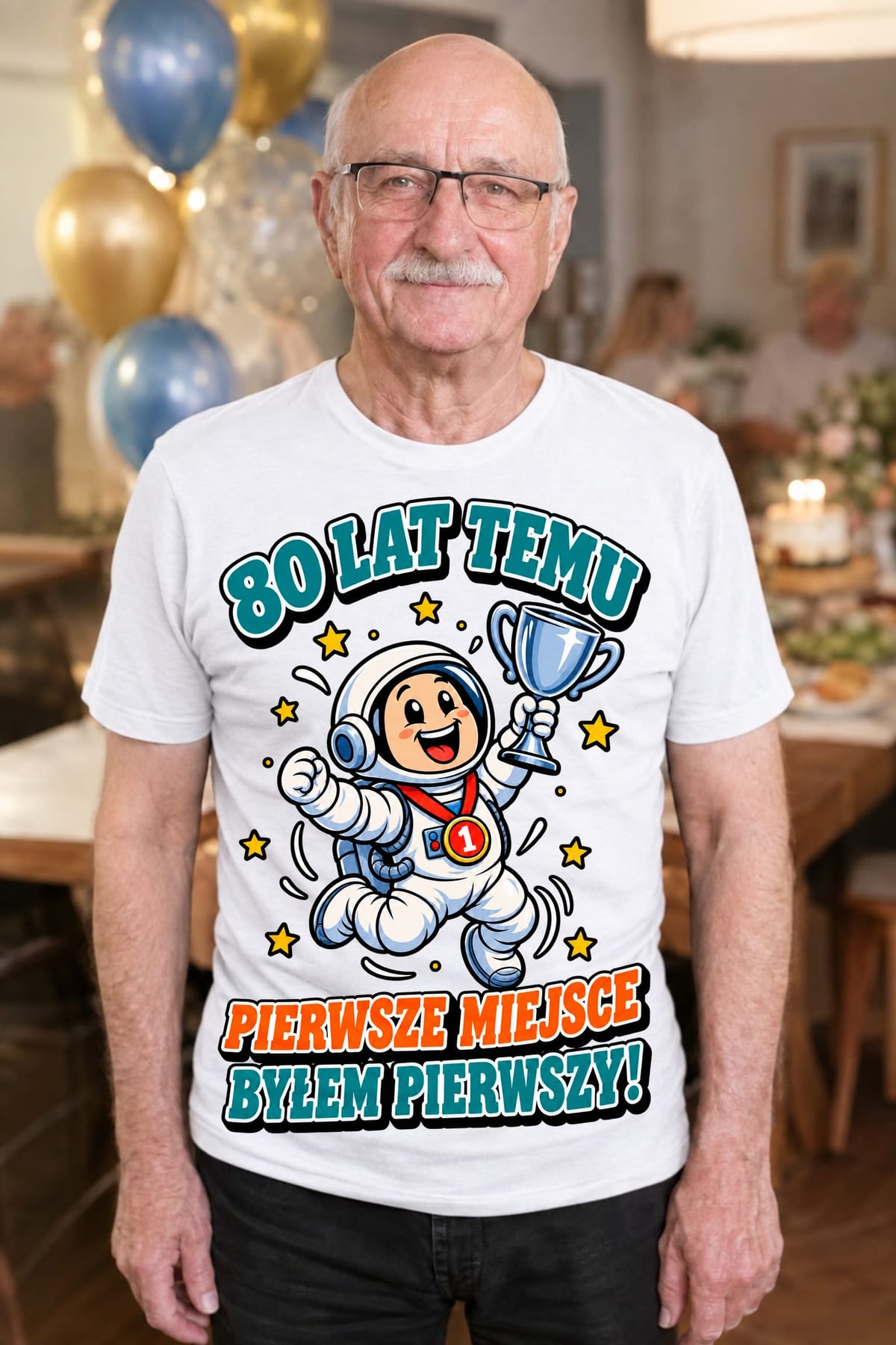 Koszulka męska biała na 80 urodziny byłem pierwszy astronauta prezent, zdjęcie 3
