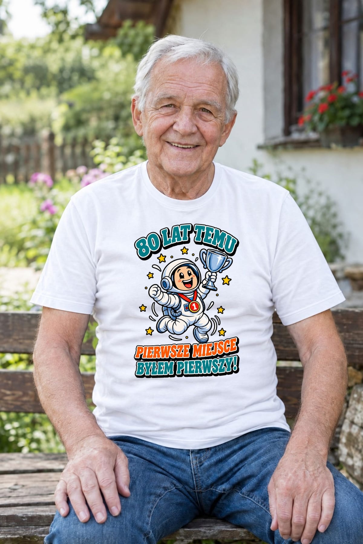 Koszulka męska biała na 80 urodziny byłem pierwszy astronauta prezent, zdjęcie 6