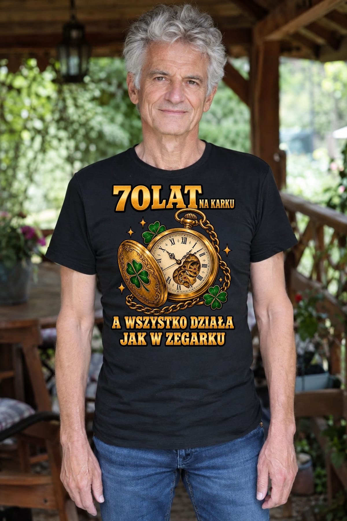 Koszulka męska czarna na 70 urodziny zegarek wszystko działa prezent, zdjęcie 4
