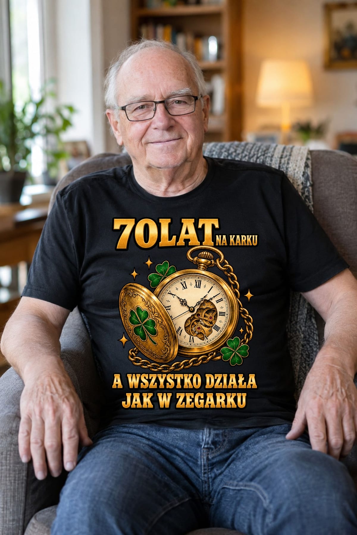 Koszulka męska czarna na 70 urodziny zegarek wszystko działa prezent, zdjęcie 8