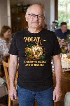 Koszulka męska czarna na 70 urodziny zegarek wszystko działa prezent